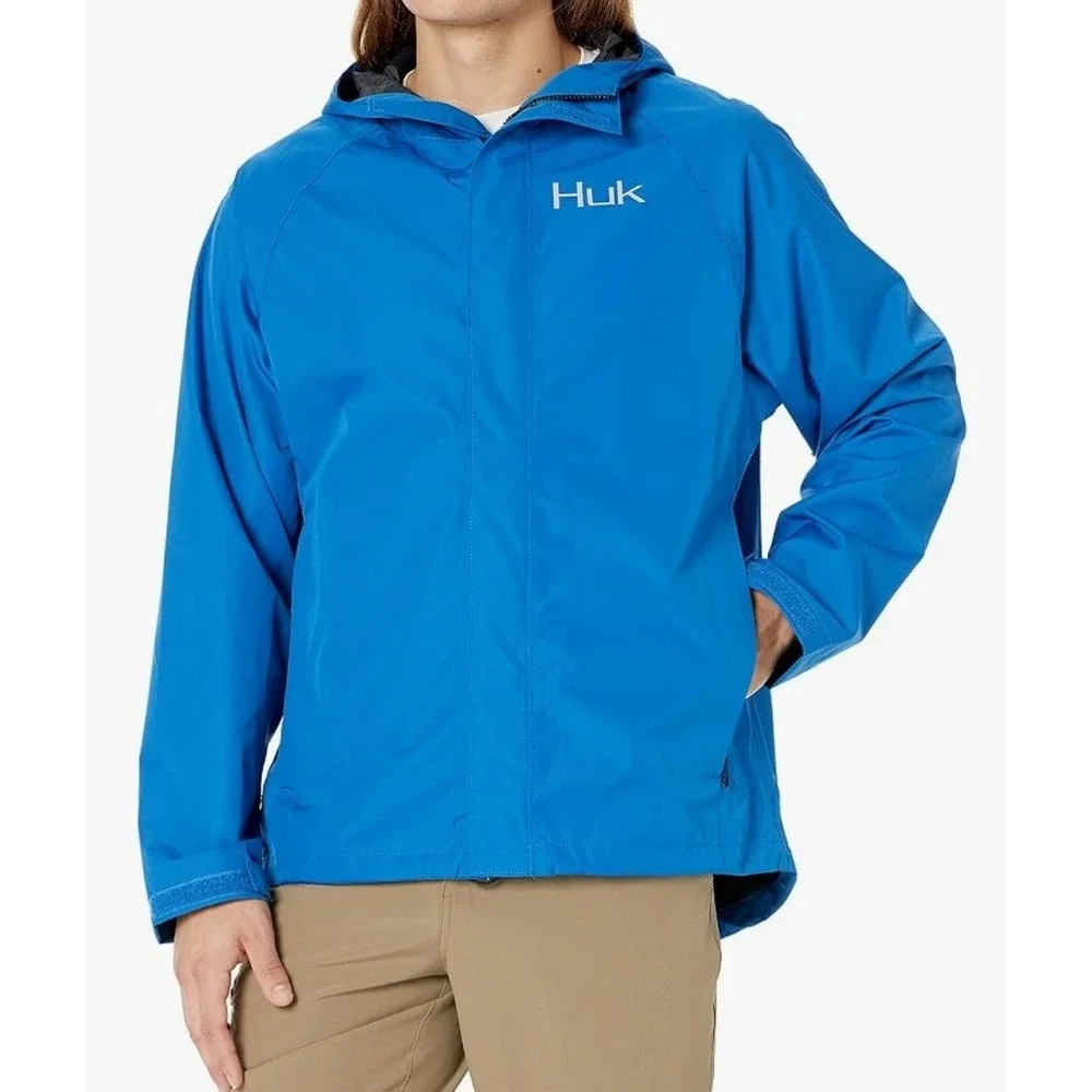 Huk Mens Gunwale Rain Jacket Blue Water Wind Proof Fishing Hooded Coat 2XL